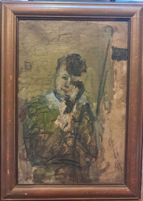 painting of a man with a gun in a wooden frame