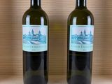 two bottles of wine sitting on top of a wooden shelf