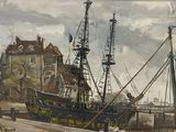 a painting of a boat that is docked in the water