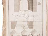 an old book with a drawing of a building on it