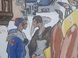a painting of a group of people standing in front of a clock