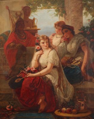 an image of a painting of three women sitting on a porch