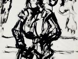 an image of a drawing of a woman standing in front of a horse