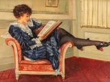 un tableau représentant une femme assise sur une chaise en train de lire un livre