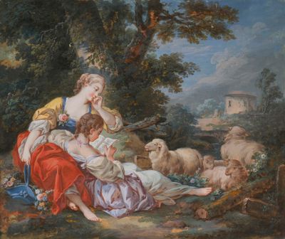 tableau représentant une femme et deux enfants avec des moutons dans un paysage boisé