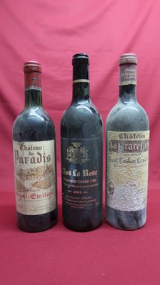 three bottles of wine are lined up on a red background
