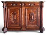 une image représentant une armoire en bois avec un plateau en marbre, sur fond blanc