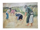 painting of a group of people on a dirt road with a dog in the foreground