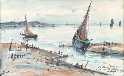 un tableau représentant un bateau sur l'eau, avec d'autres bateaux en arrière-plan