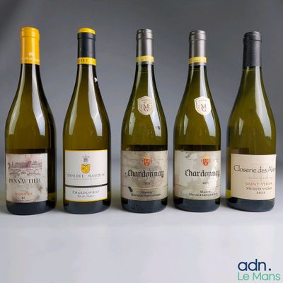 several bottles of wine are lined up in a row on a table