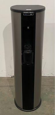 an image of a black and silver trash can