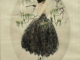 dessin représentant une femme en robe noire avec un oiseau sur la tête
