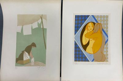 two framed paintings of a woman and a man sitting on the ground