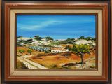 a painting of a landscape with a house and trees