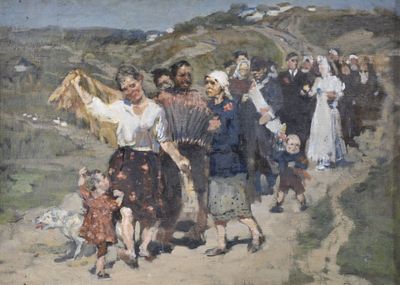 un tableau représentant un groupe de personnes marchant sur une route