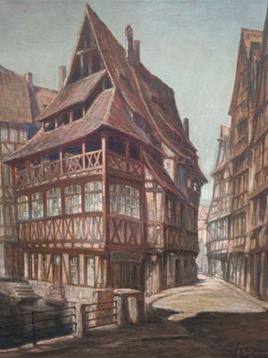 tableau représentant une rue d'une vieille ville européenne avec une calèche