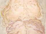 an image of a painting of a woman ' s face with a bow around her neck