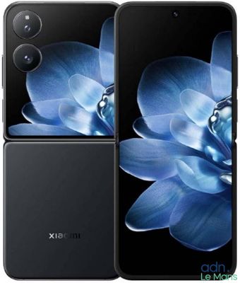 vue arrière et latérale d'un smartphone noir orné d'une fleur bleue