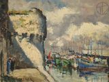 une peinture représentant une scène portuaire avec des bateaux dans l'eau