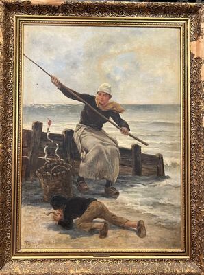 un vieux tableau représentant une femme sur un bateau et un homme sur la plage