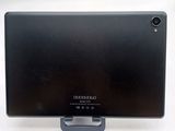 the back of a black tablet computer sitting on top of a white surface