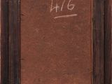a painting of a brown wooden frame with a white tag on it