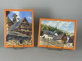 two paintings of a barn and a barn with a clock tower