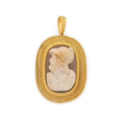 Broche-pendentif "Camée" Profil sur agate, or ciselé 18k (75…