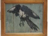 une peinture représentant un oiseau noir et blanc sur un mur en bois
