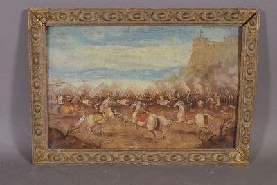 une image représentant un tableau d'une bataille avec des hommes à cheval