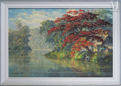 peinture à l'huile représentant un paysage fluvial avec un arbre rouge au premier plan