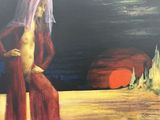 une peinture à l'huile représentant une femme en robe rouge debout devant un coucher de soleil