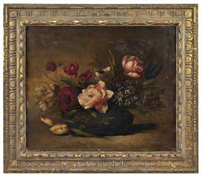an oil painting of flowers in a vase on a table