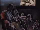 painting of a woman sitting in a chair watching a man play a guitar