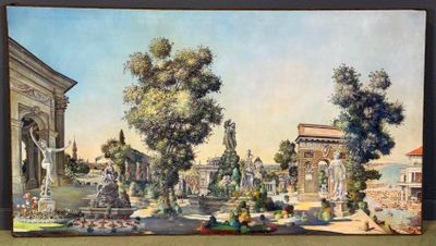 painting of a view of a park with a fountain and a statue