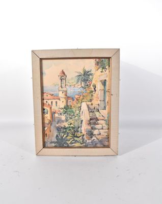 une vieille photo représentant un tableau d'une ville avec une tour horloge