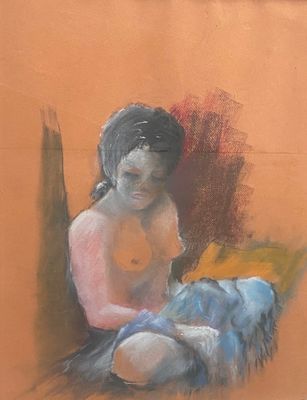 painting of a woman sitting on a bed with a baby in her lap