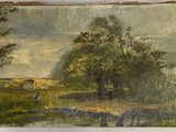 peinture d'un paysage avec une rivière et des arbres au premier plan