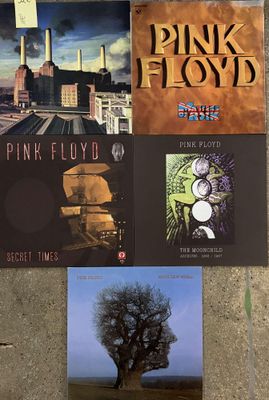 pink floyd ' s pink floyd album covers are displayed on a wall