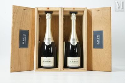 deux bouteilles de champagne dans un coffret en bois, posées sur une surface blanche