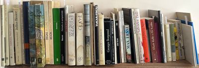 de nombreux livres sur une étagère, avec une horloge au-dessus