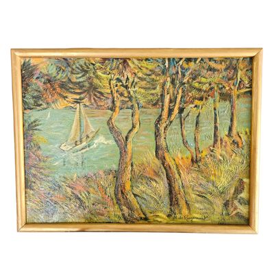 tableau représentant un voilier sur une rivière, entouré d'arbres