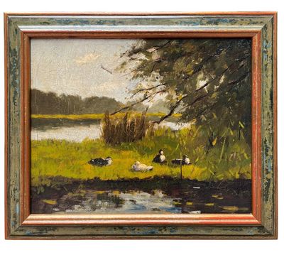 an oil painting of a river scene with ducks in the grass