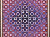 a painting of a square pattern with red, blue and purple circles