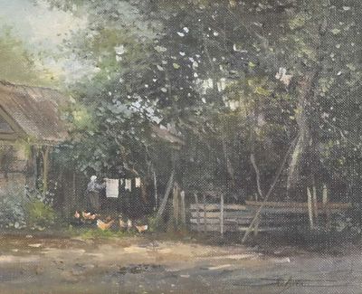 a painting of a farm scene with chickens in the yard