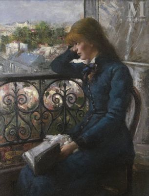 painting of a woman sitting on a balcony with a book in her hand