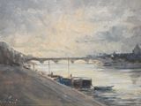 a painting of boats on the water near a bridge