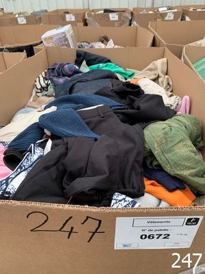 a cardboard box filled with lots of clothes and other items