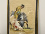tableau représentant un taureau et un homme vêtu d'une veste jaune