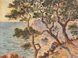 an image of a painting of some trees near a body of water